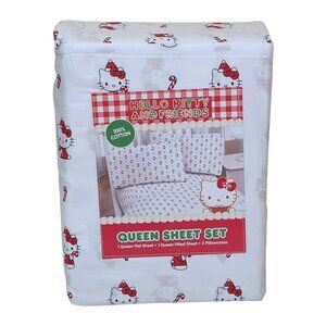 Hello Kitty & Friends Queen Sheet Set 100% Cotton Holiday Candy Canes Christmas